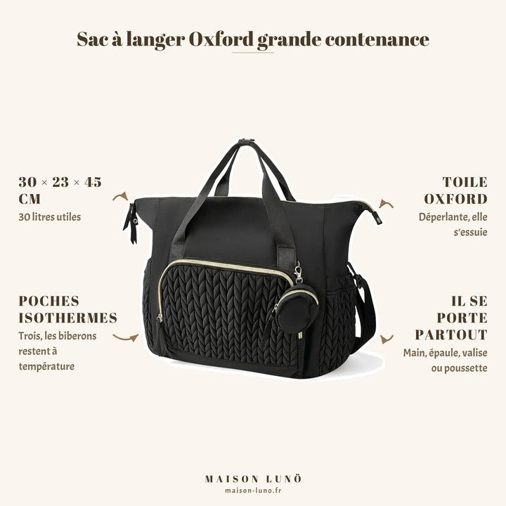 Sac à langer Oxford Maison Lunö — 30 × 23 × 45 cm, 30 litres, trois poches isothermes et quatre façons de le porter