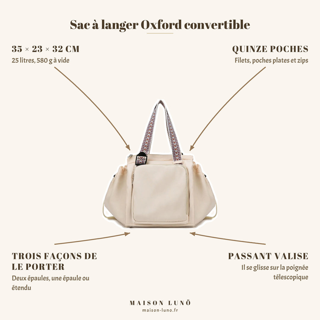 Sac à langer Oxford convertible Maison Lunö — 35 × 23 × 32 cm, 25 litres, quinze poches, trois portages et passant valise