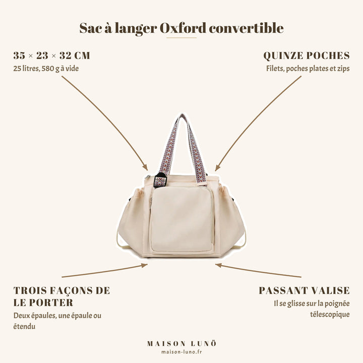 Sac à langer Oxford convertible Maison Lunö — 35 × 23 × 32 cm, 25 litres, quinze poches, trois portages et passant valise