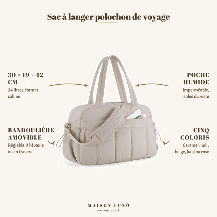 Sac à langer polochon de voyage Maison Lunö — 30 × 19 × 42 cm, 24 litres, poche humide imperméable et bandoulière amovible