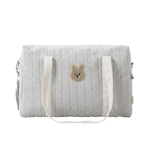 Sac à langer poussette matelassé lapin brodé gris perle