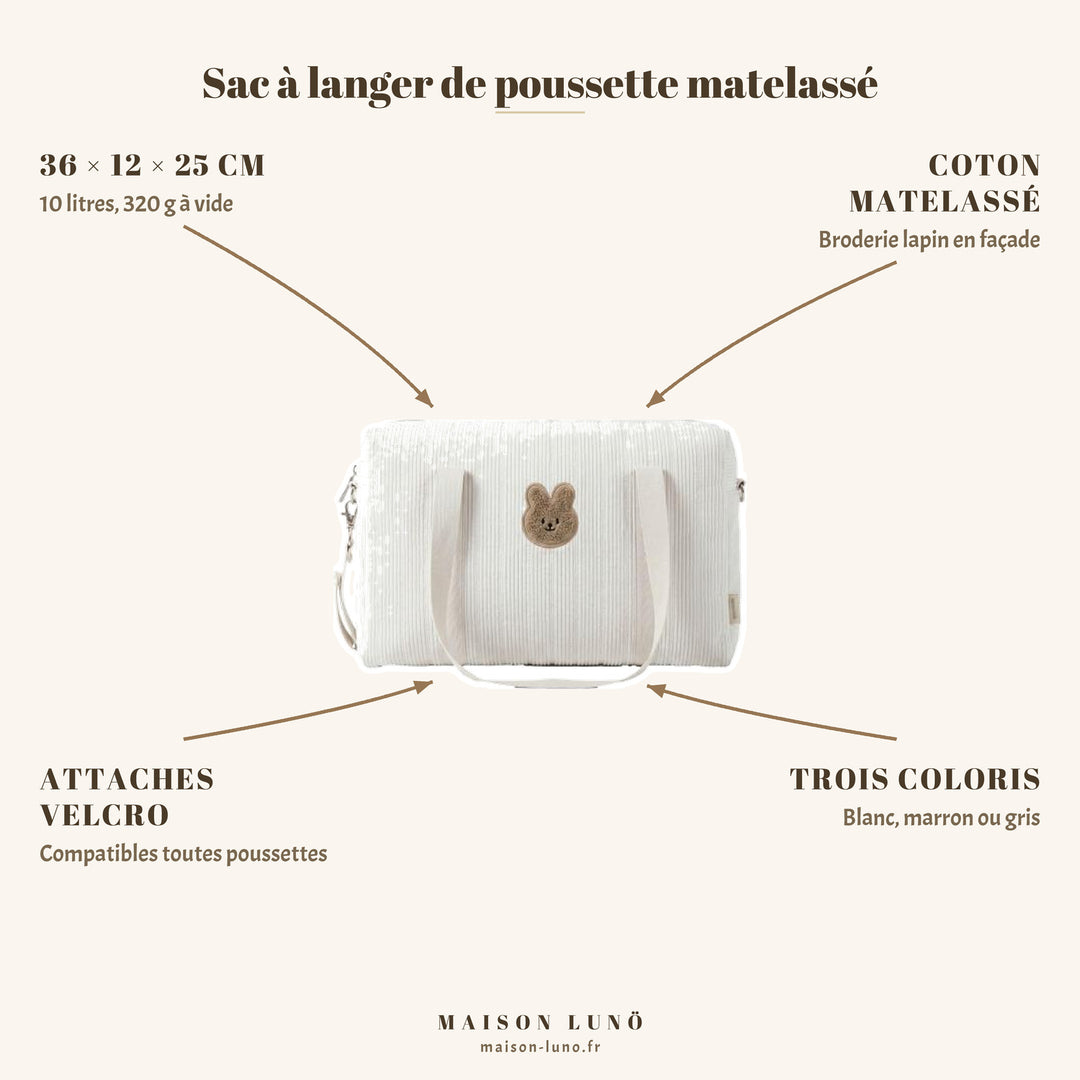Sac à langer de poussette matelassé Maison Lunö — 36 × 12 × 25 cm, 10 litres, attaches velcro et broderie lapin
