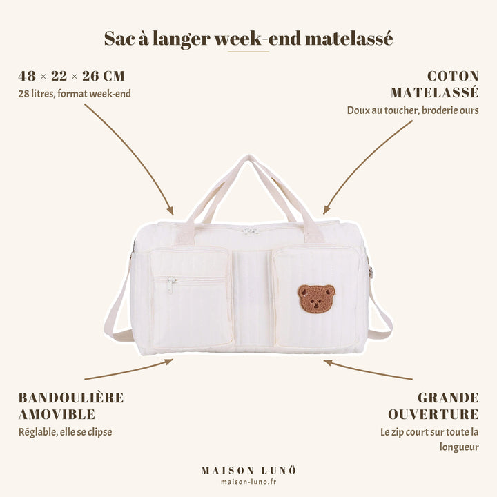 Sac à langer week-end matelassé Maison Lunö — 48 × 22 × 26 cm, 28 litres, bandoulière amovible et broderie ours