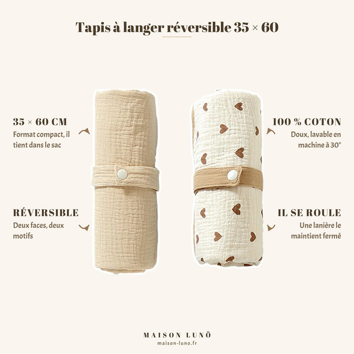 Tapis à langer réversible 35 × 60 cm en coton Maison Lunö — deux faces, il se roule et se ferme par une lanière